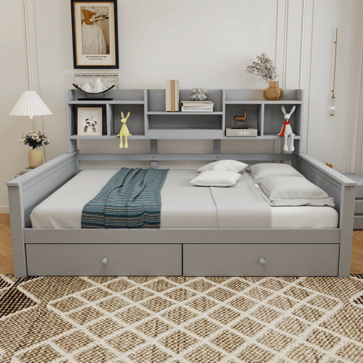 Sofá-cama 90x200 - Com gavetas e prateleiras, estrado, cama individual juvenil - Cinza Sofá-cama 90x200 - Com gavetas e prateleiras, estrado, cama individual juvenil - Cinza