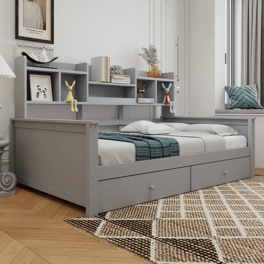 Sofá-cama 90x200 - Com gavetas e prateleiras, estrado, cama individual juvenil - Cinza Sofá-cama 90x200 - Com gavetas e prateleiras, estrado, cama individual juvenil - Cinza