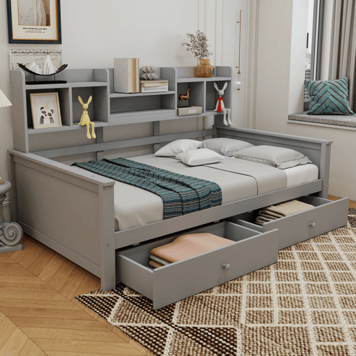 Sofá-cama 90x200 - Com gavetas e prateleiras, estrado, cama individual juvenil - Cinza Sofá-cama 90x200 - Com gavetas e prateleiras, estrado, cama individual juvenil - Cinza