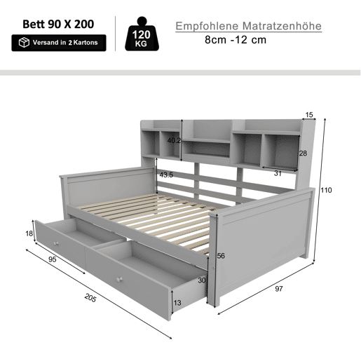 Sofá-cama 90x200 - Com gavetas e prateleiras, estrado, cama individual juvenil - Cinza Sofá-cama 90x200 - Com gavetas e prateleiras, estrado, cama individual juvenil - Cinza