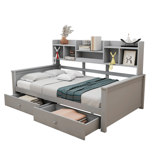 Sofá-cama 90x200 - Com gavetas e prateleiras, estrado, cama individual juvenil - Cinza Sofá-cama 90x200 - Com gavetas e prateleiras, estrado, cama individual juvenil - Cinza