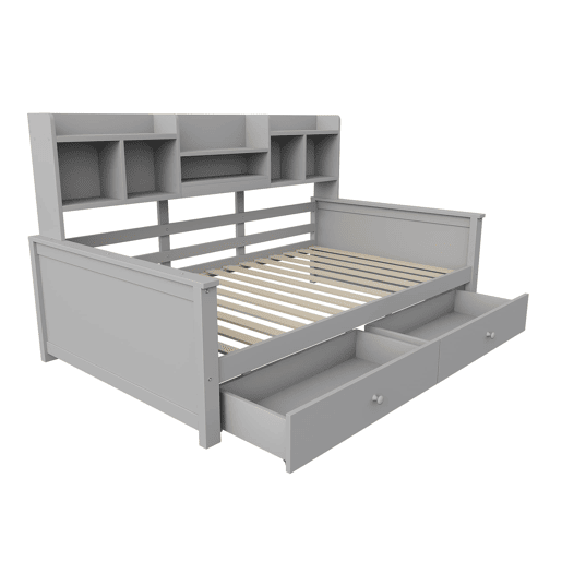 Sofá-cama 90x200 - Com gavetas e prateleiras, estrado, cama individual juvenil - Cinza Sofá-cama 90x200 - Com gavetas e prateleiras, estrado, cama individual juvenil - Cinza