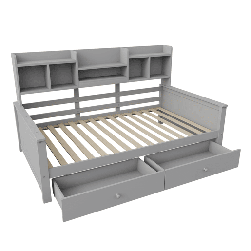 Sofá-cama 90x200 - Com gavetas e prateleiras, estrado, cama individual juvenil - Cinza Sofá-cama 90x200 - Com gavetas e prateleiras, estrado, cama individual juvenil - Cinza