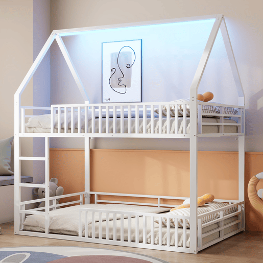 Cama alta 140x200 - estilo casa com grade e luz LED - Branco Cama alta 140x200 - estilo casa com grade e luz LED - Branco