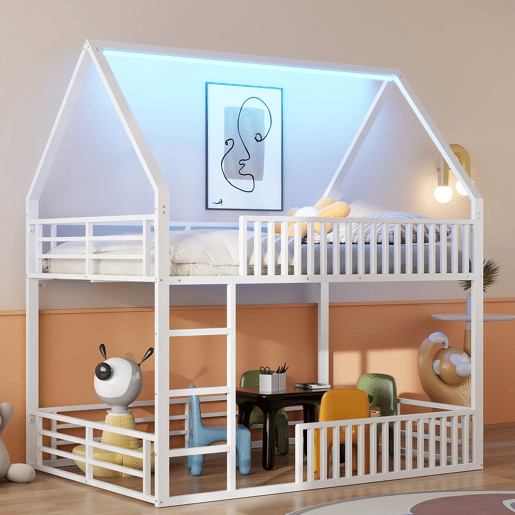 Cama alta 140x200 - estilo casa com grade e luz LED - Branco Cama alta 140x200 - estilo casa com grade e luz LED - Branco