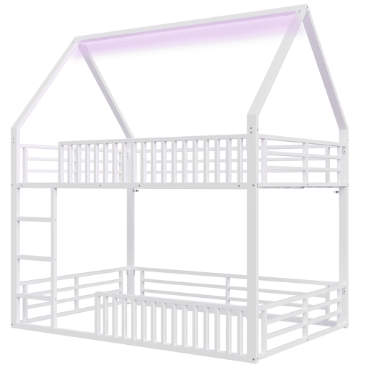 Cama alta 140x200 - estilo casa com grade e luz LED - Branco Cama alta 140x200 - estilo casa com grade e luz LED - Branco