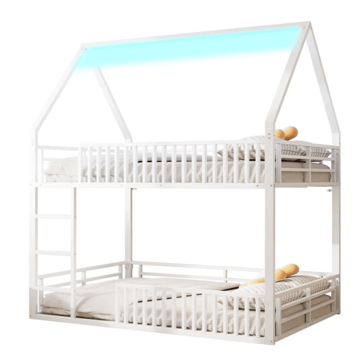 Cama alta 140x200 - estilo casa com grade e luz LED - Branco Cama alta 140x200 - estilo casa com grade e luz LED - Branco