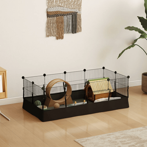 PawHut Gaiola Metálica Modular 12 Painéis para Pequenos Animais Forma Personalizável com Tapete Impermeável Parque para Porquinhos-da-Índia e Ouriços 120x60x40 cm Preto