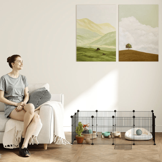 PawHut Gaiola Metálica Modular 12 Painéis para Pequenos Animais Forma Personalizável com Tapete Impermeável Parque para Porquinhos-da-Índia e Ouriços 120x60x40 cm Preto