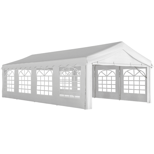 Outsunny Tenda para Festas 4x8 m Tenda de Jardim com Estrutura de Aço Galvanizado Paredes Laterais Removíveis Porta com Fecho de Correr e Janelas UPF50+ Branco