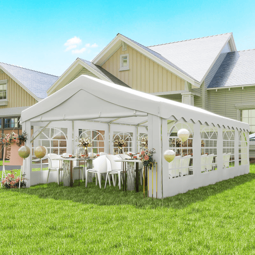 Outsunny Tenda para Festas 4x8 m Tenda de Jardim com Estrutura de Aço Galvanizado Paredes Laterais Removíveis Porta com Fecho de Correr e Janelas UPF50+ Branco