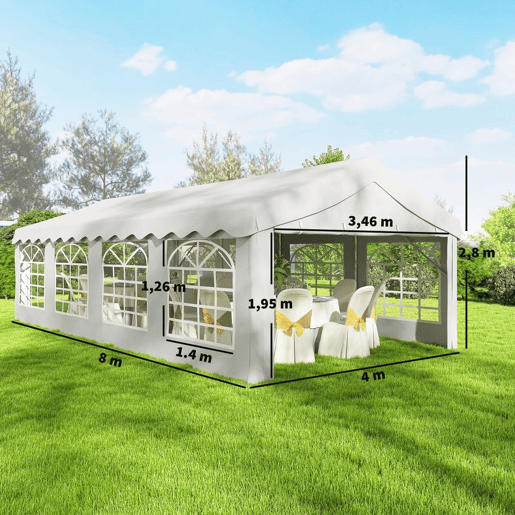 Outsunny Tenda para Festas 4x8 m Tenda de Jardim com Estrutura de Aço Galvanizado Paredes Laterais Removíveis Porta com Fecho de Correr e Janelas UPF50+ Branco