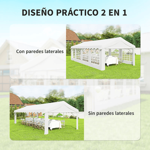 Outsunny Tenda para Festas 4x8 m Tenda de Jardim com Estrutura de Aço Galvanizado Paredes Laterais Removíveis Porta com Fecho de Correr e Janelas UPF50+ Branco