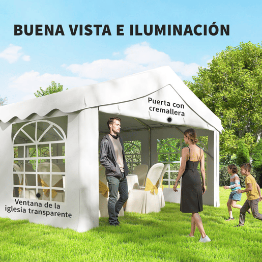 Outsunny Tenda para Festas 4x8 m Tenda de Jardim com Estrutura de Aço Galvanizado Paredes Laterais Removíveis Porta com Fecho de Correr e Janelas UPF50+ Branco