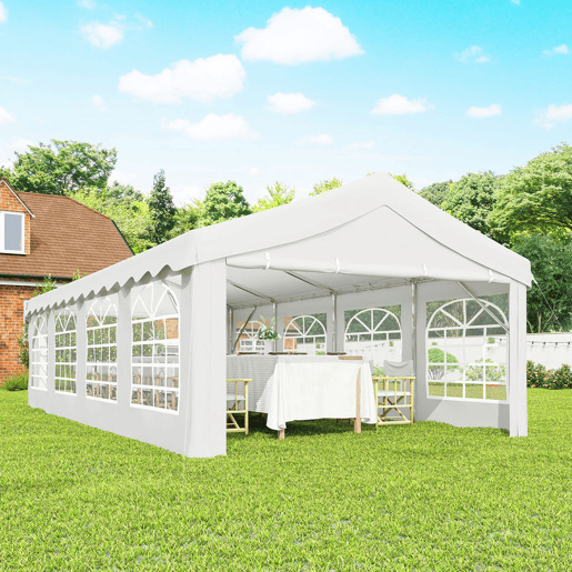 Outsunny Tenda para Festas 4x8 m Tenda de Jardim com Estrutura de Aço Galvanizado Paredes Laterais Removíveis Porta com Fecho de Correr e Janelas UPF50+ Branco
