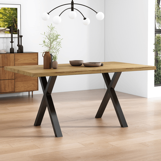 Mesa de jantar 140x80x76 cm - design moderno com pernas cruzadas, ferro e carvalho, preto