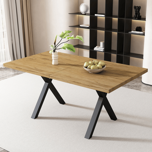 Mesa de jantar 140x80x76 cm - design moderno com pernas cruzadas, ferro e carvalho, preto