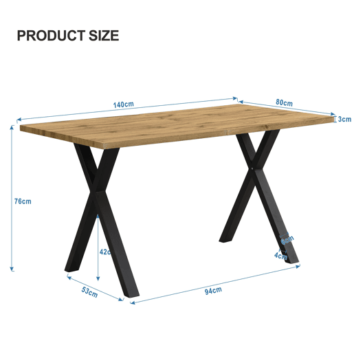 Mesa de jantar 140x80x76 cm - design moderno com pernas cruzadas, ferro e carvalho, preto