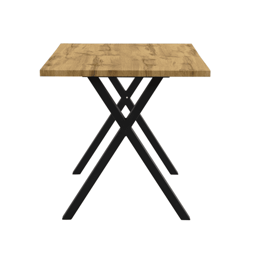 Mesa de jantar 140x80x76 cm - design moderno com pernas cruzadas, ferro e carvalho, preto