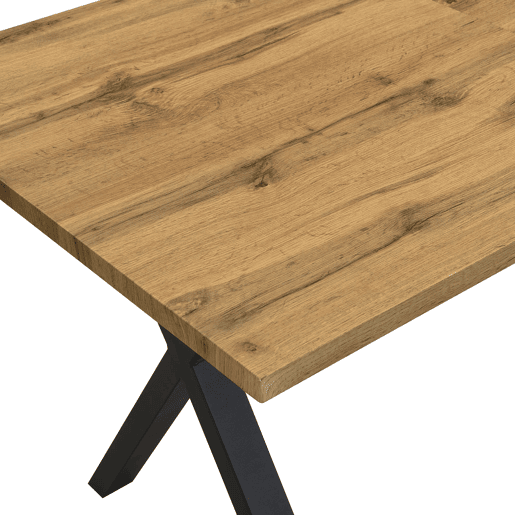 Mesa de jantar 140x80x76 cm - design moderno com pernas cruzadas, ferro e carvalho, preto