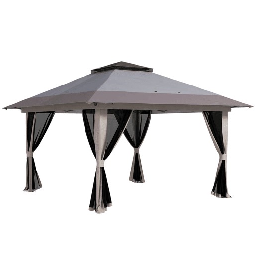 Outsunny Tenda Dobrável Pop-up 4x4x2,8 m Tenda de Jardim com Altura Ajustável Anti-UV Impermeável Telhado Duplo Redes Mosquiteiras e Bolsa com Rodas para Exterior Festas Camping Cinzento Claro