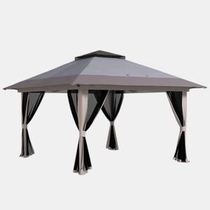 Outsunny Tenda Dobrável Pop-up 4x4x2,8 m Tenda de Jardim com Altura Ajustável Anti-UV Impermeável Telhado Duplo Redes Mosquiteiras e Bolsa com Rodas para Exterior Festas Camping Cinzento Claro