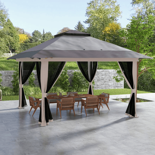 Outsunny Tenda Dobrável Pop-up 4x4x2,8 m Tenda de Jardim com Altura Ajustável Anti-UV Impermeável Telhado Duplo Redes Mosquiteiras e Bolsa com Rodas para Exterior Festas Camping Cinzento Claro