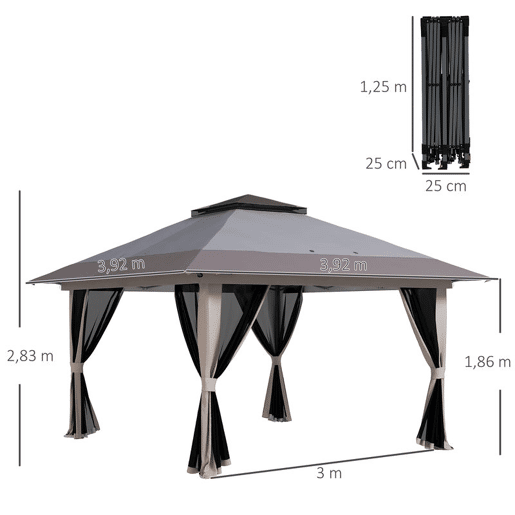 Outsunny Tenda Dobrável Pop-up 4x4x2,8 m Tenda de Jardim com Altura Ajustável Anti-UV Impermeável Telhado Duplo Redes Mosquiteiras e Bolsa com Rodas para Exterior Festas Camping Cinzento Claro