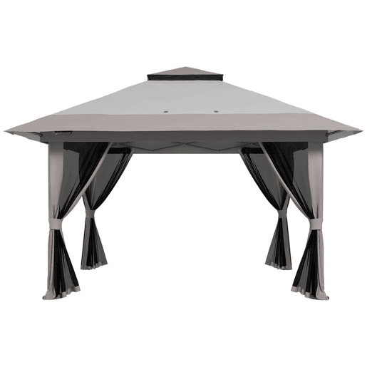 Outsunny Tenda Dobrável Pop-up 4x4x2,8 m Tenda de Jardim com Altura Ajustável Anti-UV Impermeável Telhado Duplo Redes Mosquiteiras e Bolsa com Rodas para Exterior Festas Camping Cinzento Claro
