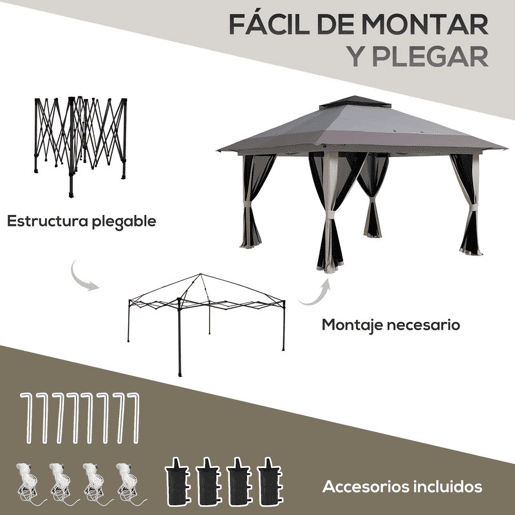 Outsunny Tenda Dobrável Pop-up 4x4x2,8 m Tenda de Jardim com Altura Ajustável Anti-UV Impermeável Telhado Duplo Redes Mosquiteiras e Bolsa com Rodas para Exterior Festas Camping Cinzento Claro