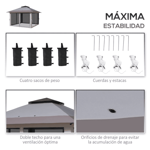 Outsunny Tenda Dobrável Pop-up 4x4x2,8 m Tenda de Jardim com Altura Ajustável Anti-UV Impermeável Telhado Duplo Redes Mosquiteiras e Bolsa com Rodas para Exterior Festas Camping Cinzento Claro