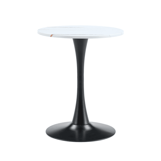 Mesa auxiliar redonda 60 cm - MDF, termoformada, pé preto - branco veios