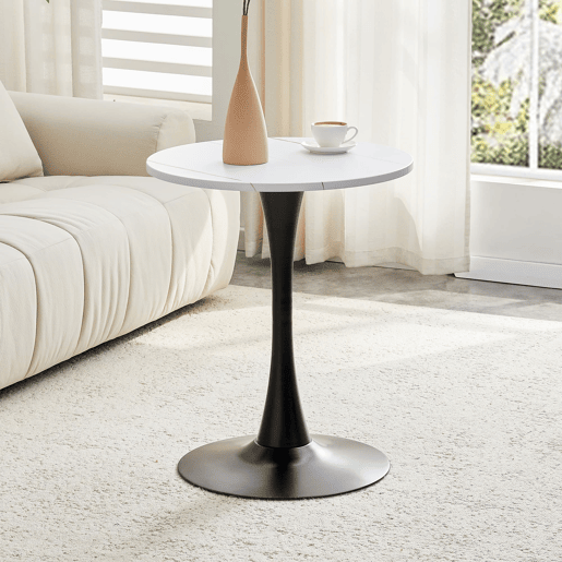 Mesa auxiliar redonda 60 cm - MDF, termoformada, pé preto - branco veios