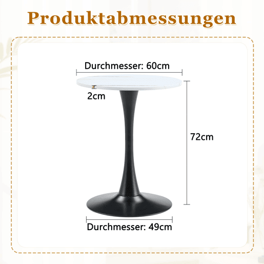 Mesa auxiliar redonda 60 cm - MDF, termoformada, pé preto - branco veios