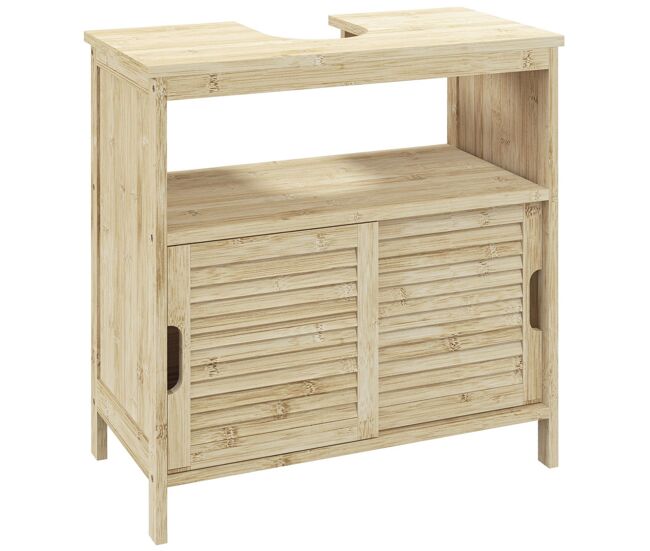 Homcom mueble bajo lavabo de bambú, armario debajo de lavabo con puertas correderas de lamas, compartimento abierto, estilo moderno, 60x30x60 cm, natural
