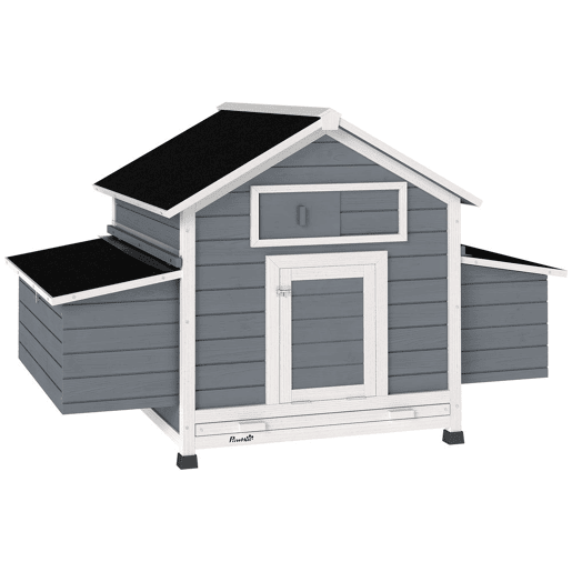 PawHut Galinheiro de Madeira para Exterior Casa para Galinhas com 2 Ninhos Bandeja Removível Poleiros Telhado Impermeáve, Casa para 2-4 Galinhas e Coelhos 150x100x96,5 cm Cinzento