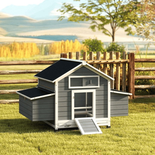 PawHut Galinheiro de Madeira para Exterior Casa para Galinhas com 2 Ninhos Bandeja Removível Poleiros Telhado Impermeáve, Casa para 2-4 Galinhas e Coelhos 150x100x96,5 cm Cinzento