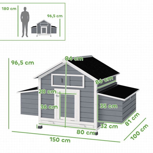 PawHut Galinheiro de Madeira para Exterior Casa para Galinhas com 2 Ninhos Bandeja Removível Poleiros Telhado Impermeáve, Casa para 2-4 Galinhas e Coelhos 150x100x96,5 cm Cinzento