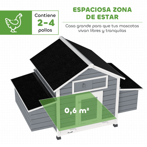 PawHut Galinheiro de Madeira para Exterior Casa para Galinhas com 2 Ninhos Bandeja Removível Poleiros Telhado Impermeáve, Casa para 2-4 Galinhas e Coelhos 150x100x96,5 cm Cinzento
