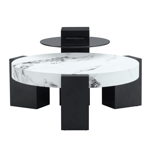 Mesa auxiliar redonda - 2 níveis, vidro cinzento e MDF preto, tampo com efeito mármore - Branco+Preto