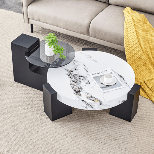 Mesa auxiliar redonda - 2 níveis, vidro cinzento e MDF preto, tampo com efeito mármore - Branco+Preto
