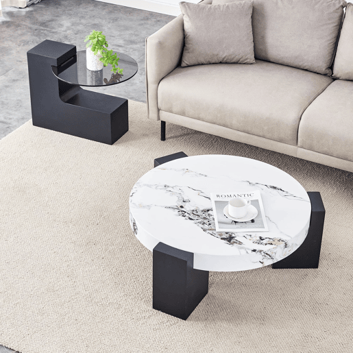 Mesa auxiliar redonda - 2 níveis, vidro cinzento e MDF preto, tampo com efeito mármore - Branco+Preto