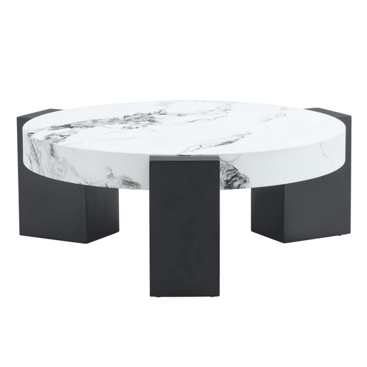 Mesa auxiliar redonda - 2 níveis, vidro cinzento e MDF preto, tampo com efeito mármore - Branco+Preto