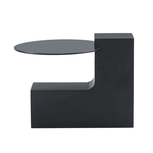 Mesa auxiliar redonda - 2 níveis, vidro cinzento e MDF preto, tampo com efeito mármore - Branco+Preto