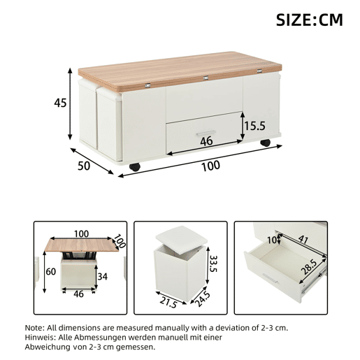 Mesa de centro ajustável - Multifuncional 4 em 1, com gavetas e 4 bancos - Branco + Madeira natural