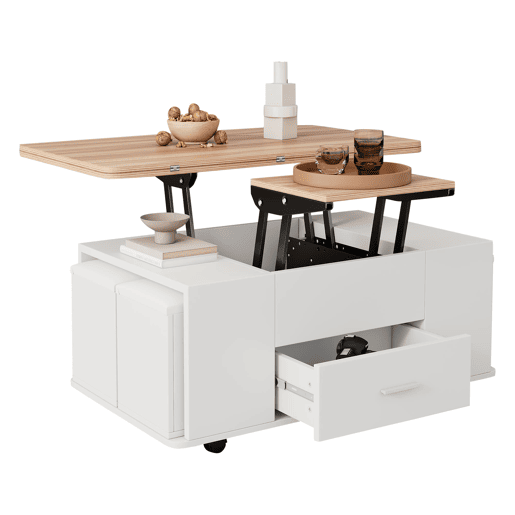 Mesa de centro ajustável - Multifuncional 4 em 1, com gavetas e 4 bancos - Branco + Madeira natural