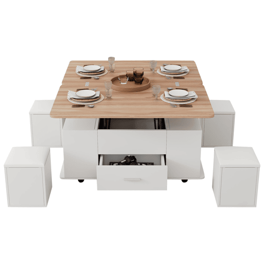 Mesa de centro ajustável - Multifuncional 4 em 1, com gavetas e 4 bancos - Branco + Madeira natural