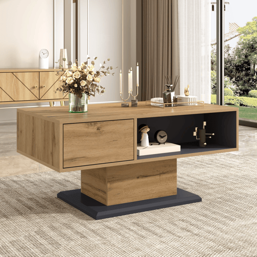 Mesa de centro 120x60 cm - duplo armazenamento, compartimento grande, interior extra - Natural