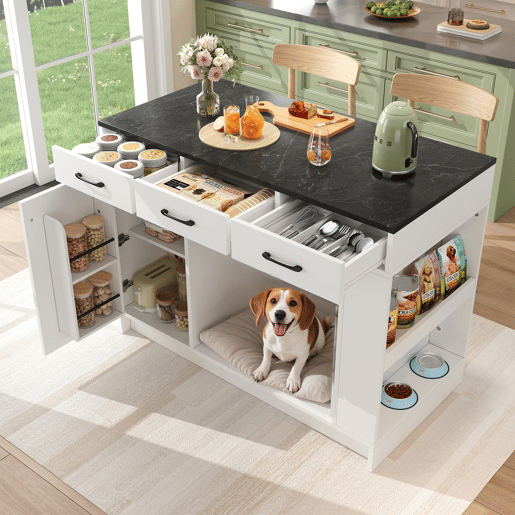 Ilha de cozinha 120x60x90 cm - 3 gavetas, prateleira dupla, área para animais de estimação - Branco