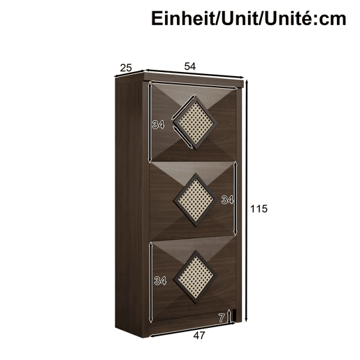 Sapateira 54x25x115 cm - 3 portas batentes, design rattan vintage - madeira